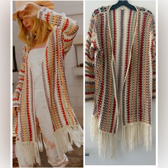 POL Sweaters - POL Open Crochet Multicolor Cardigan Sweater Fringe Boho Hippie  SZ S